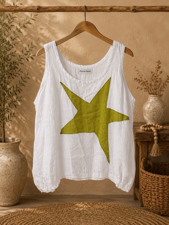 Diane Ness Tops - Diane Ness White Linen Sleeveless Tank Olive Green Star Appliqué Artisan
